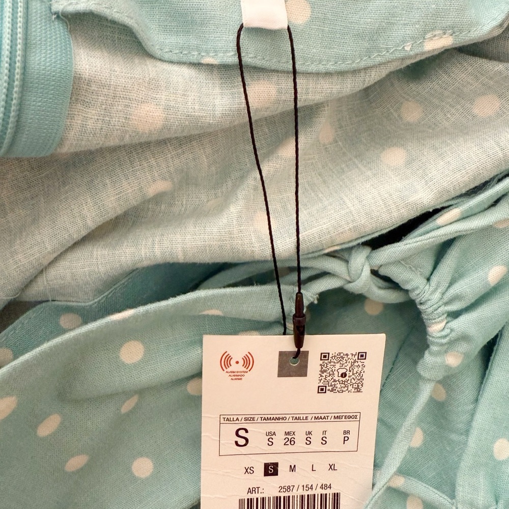NWT Zara Linen Blend Polka Dot Midi Dress in Light Turquoise Size S - Picture 14 of 16
